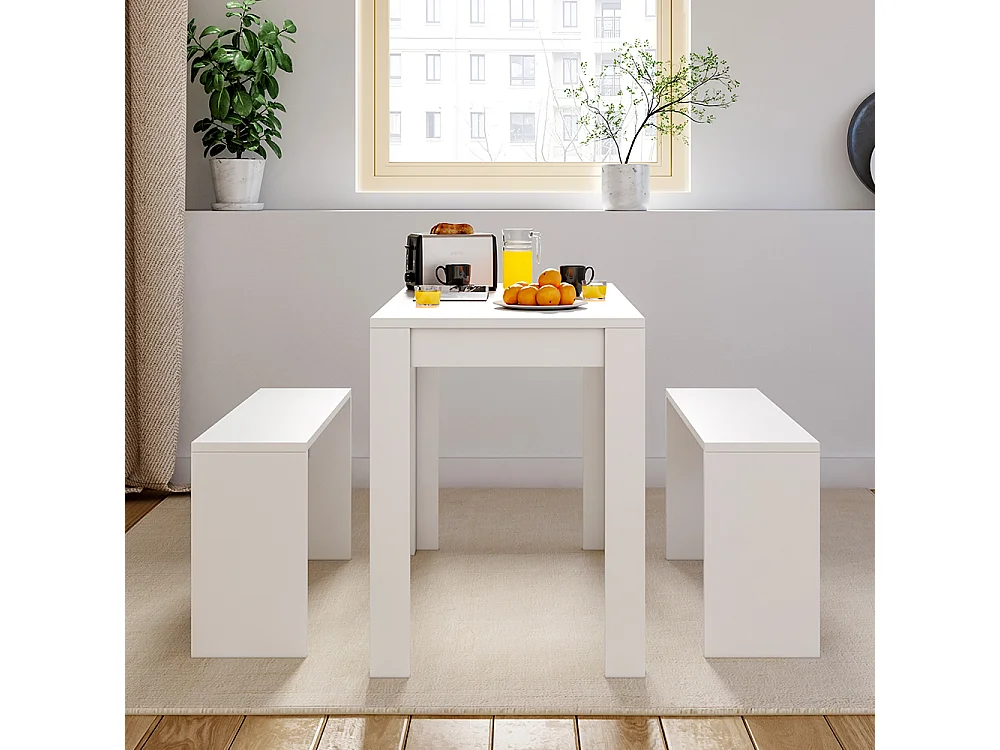 3-Piece Modern White Dining Table & Bench Set