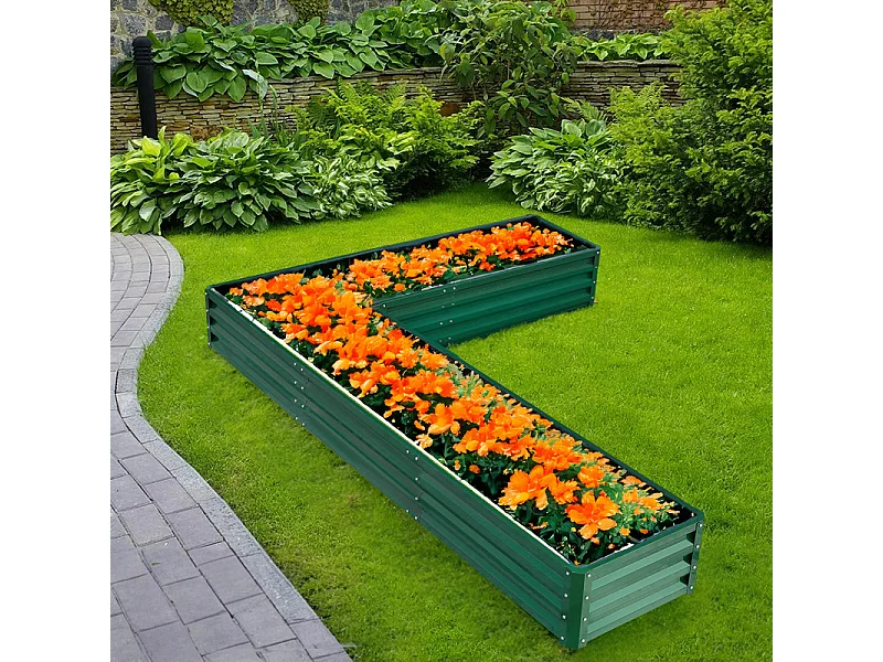 277x207cm Dark Green L-Shaped Galvanized Steel Garden Bed