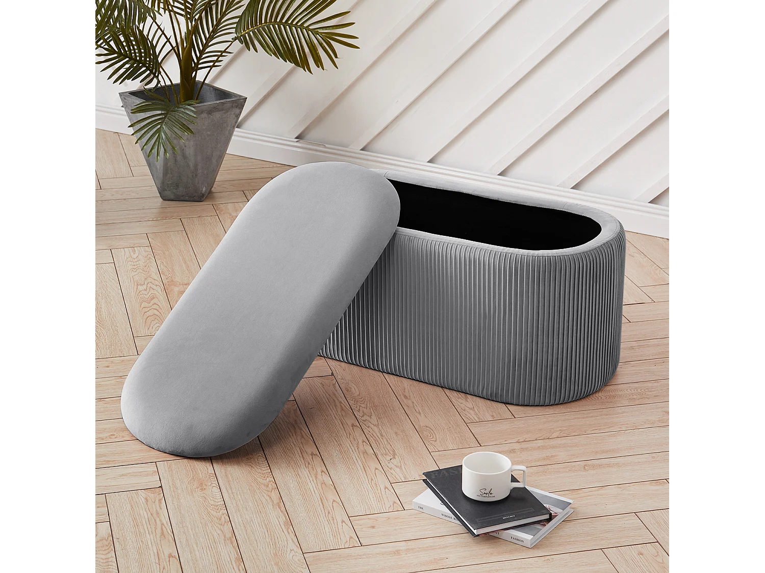 Grey Velvet Large Oval Lift-Top Storage Ottoman