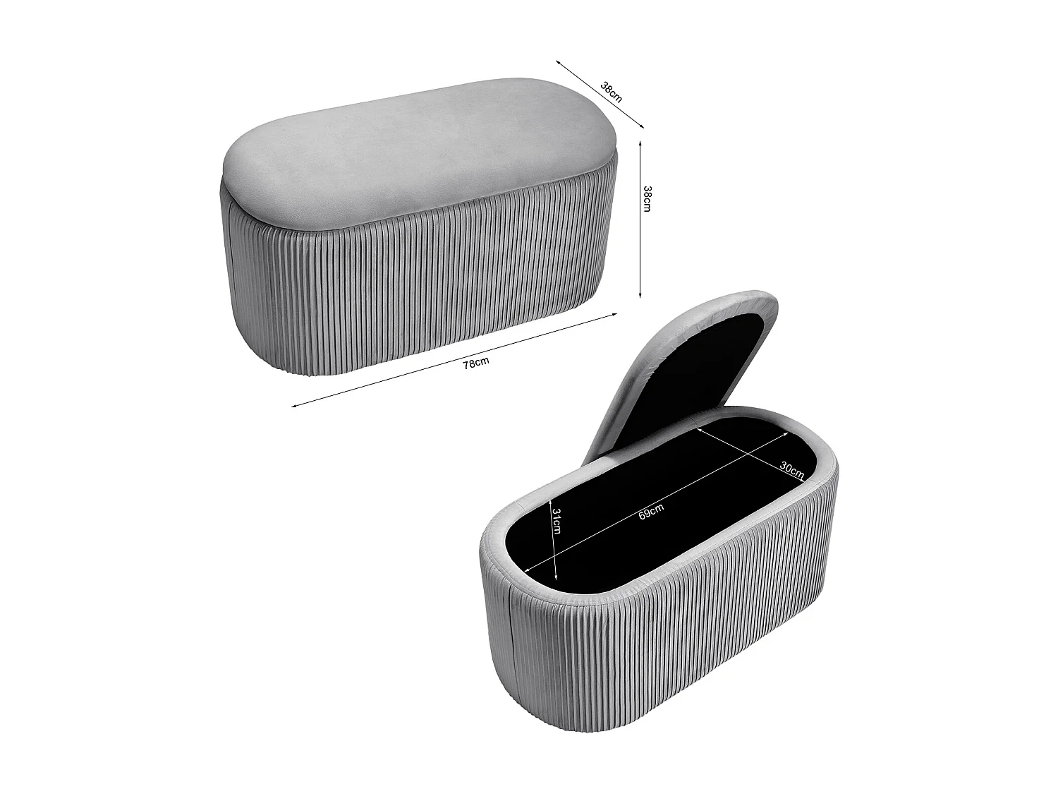Grey Velvet Large Oval Lift-Top Storage Ottoman