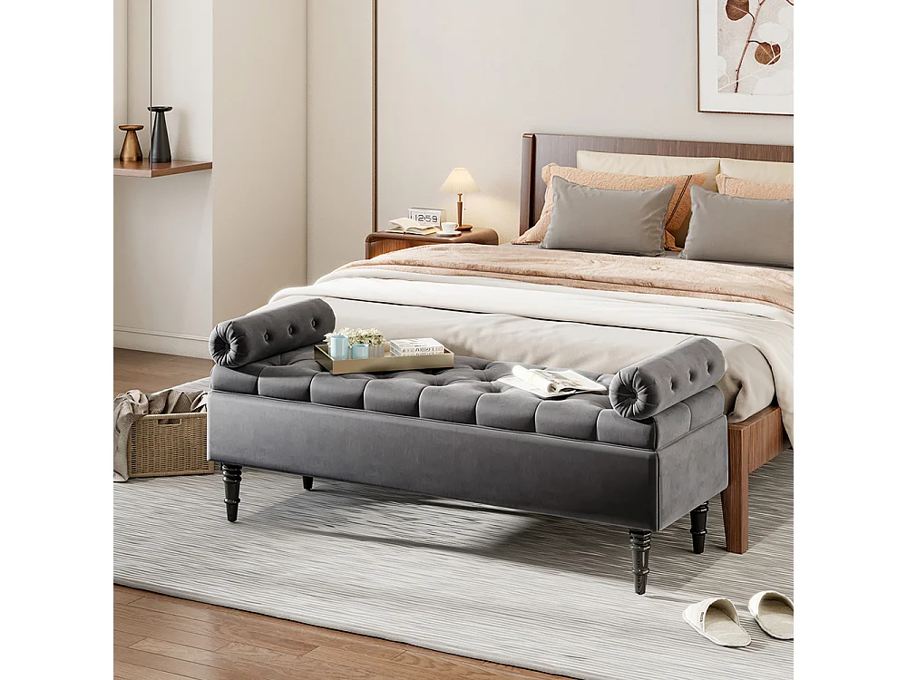 130cm Tufted Flip-Top Upholstered Storage Bench with Armrests - Grey