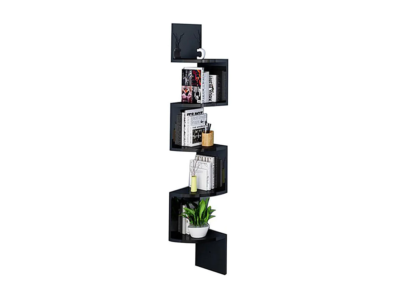 5-Tier Modern Zigzag Corner Floating Shelf - Black