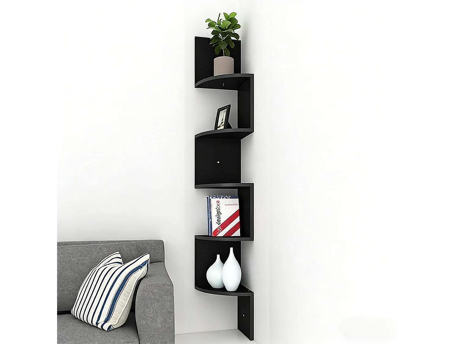 5-Tier Modern Zigzag Corner Floating Shelf - Black