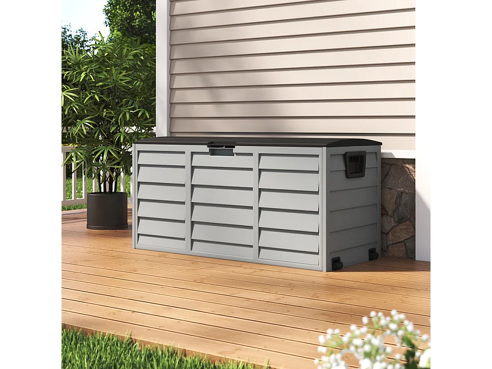 290L Large Waterproof Plastic Garden Storage Box - Grey & Black