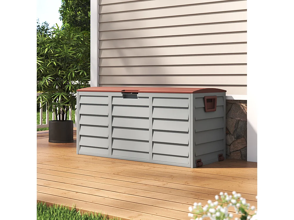 290L Large Waterproof Plastic Garden Storage Box - Grey & Brown