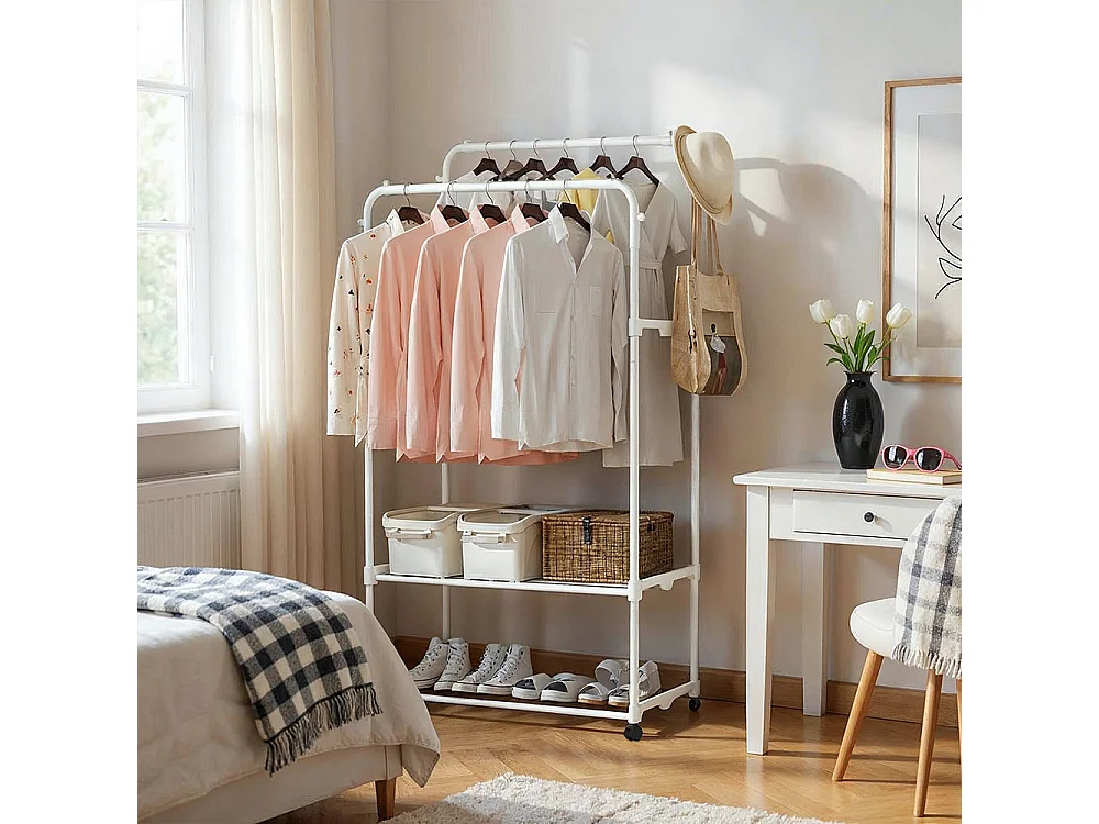 Freestanding Double Rod Metal Clothes Rack with Shelves - White