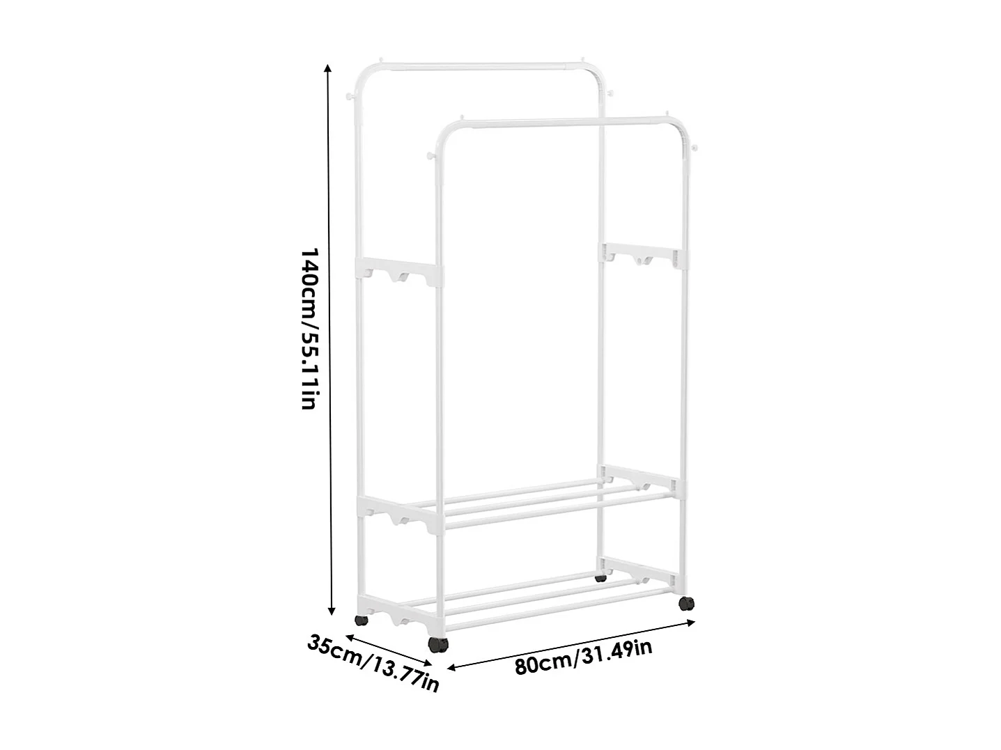 Freestanding Double Rod Metal Clothes Rack with Shelves - White