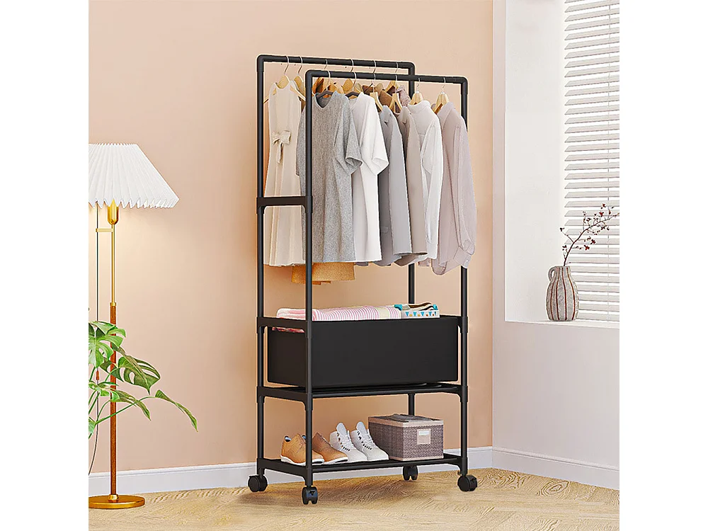 Double Rod Rolling Garment Rack with Shelf & Basket
