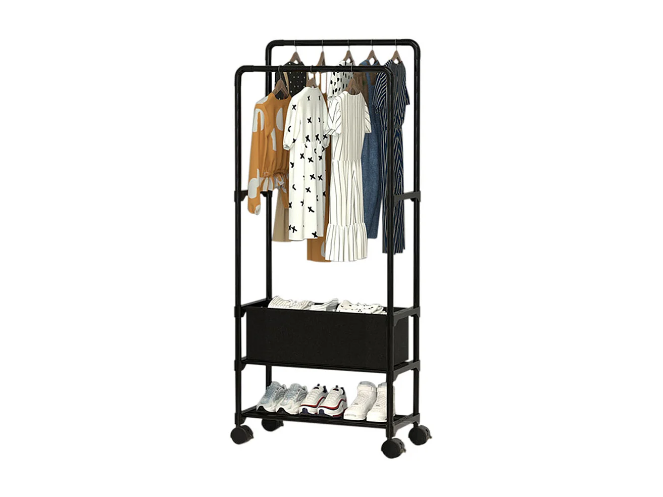 Double Rod Rolling Garment Rack with Shelf & Basket