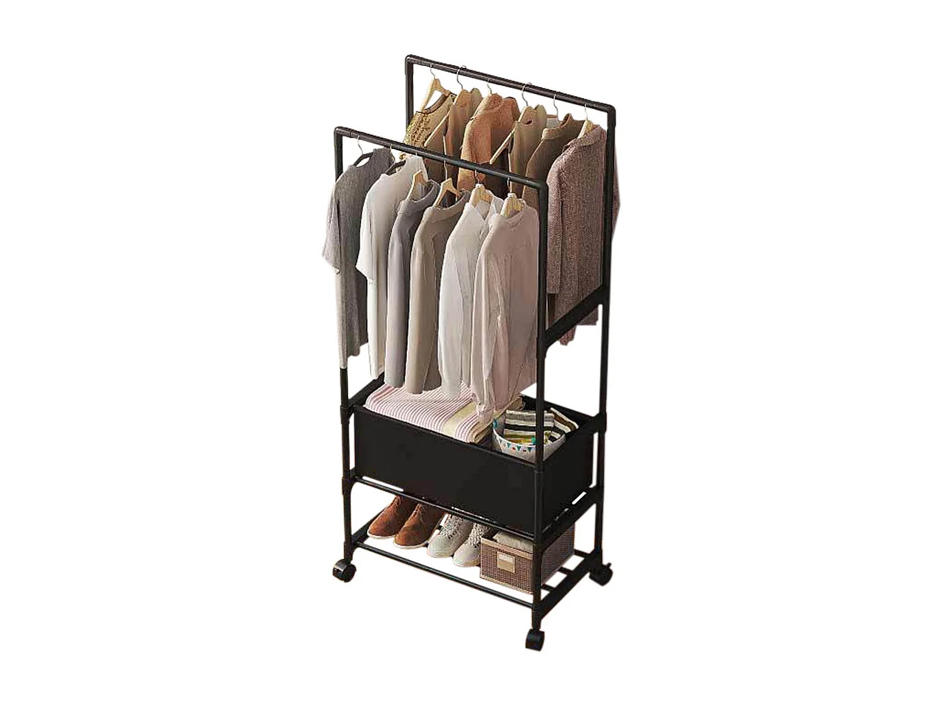 Double Rod Rolling Garment Rack with Shelf & Basket