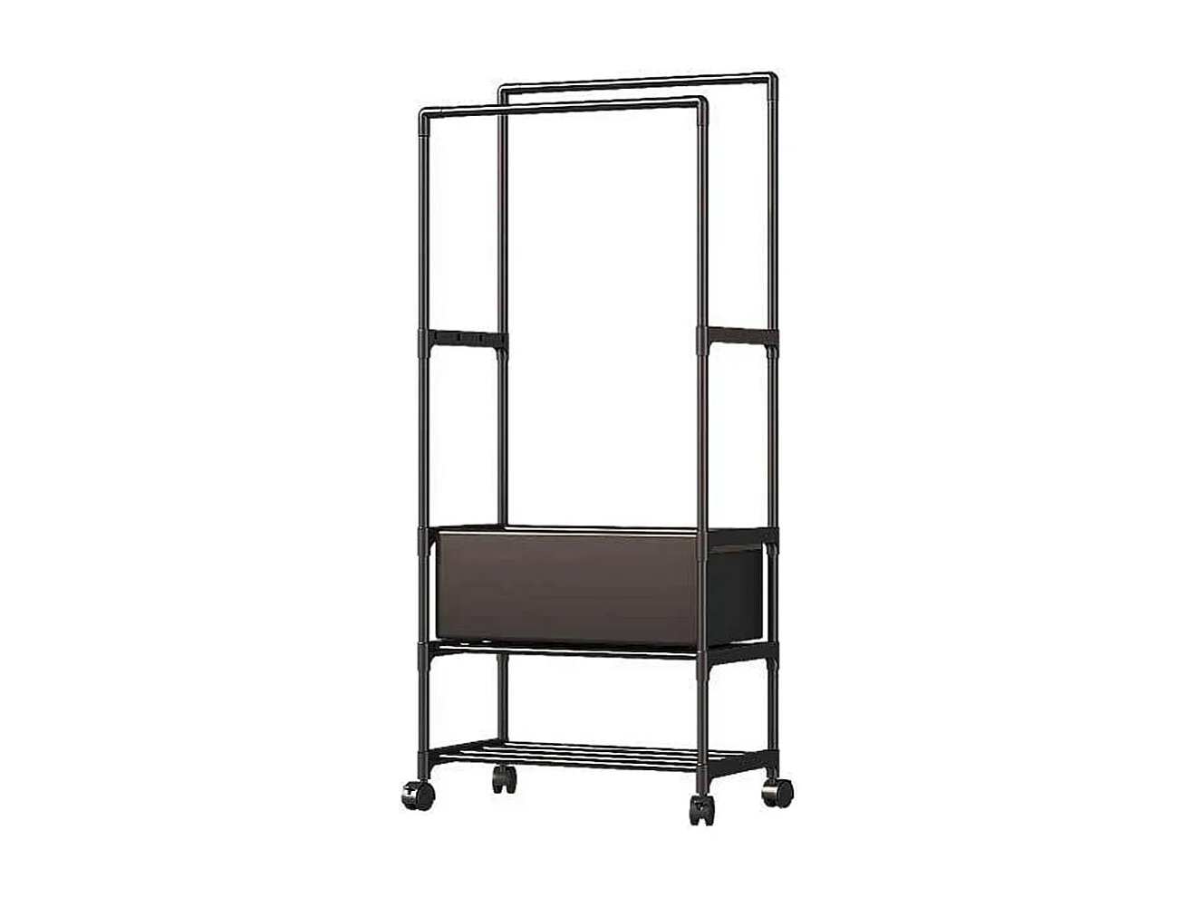 Double Rod Rolling Garment Rack with Shelf & Basket