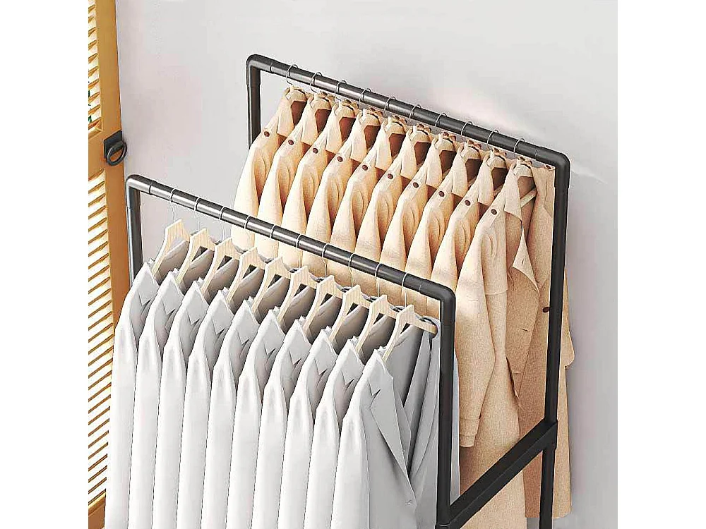 Double Rod Rolling Garment Rack with Shelf & Basket