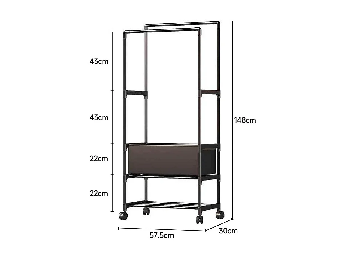 Double Rod Rolling Garment Rack with Shelf & Basket