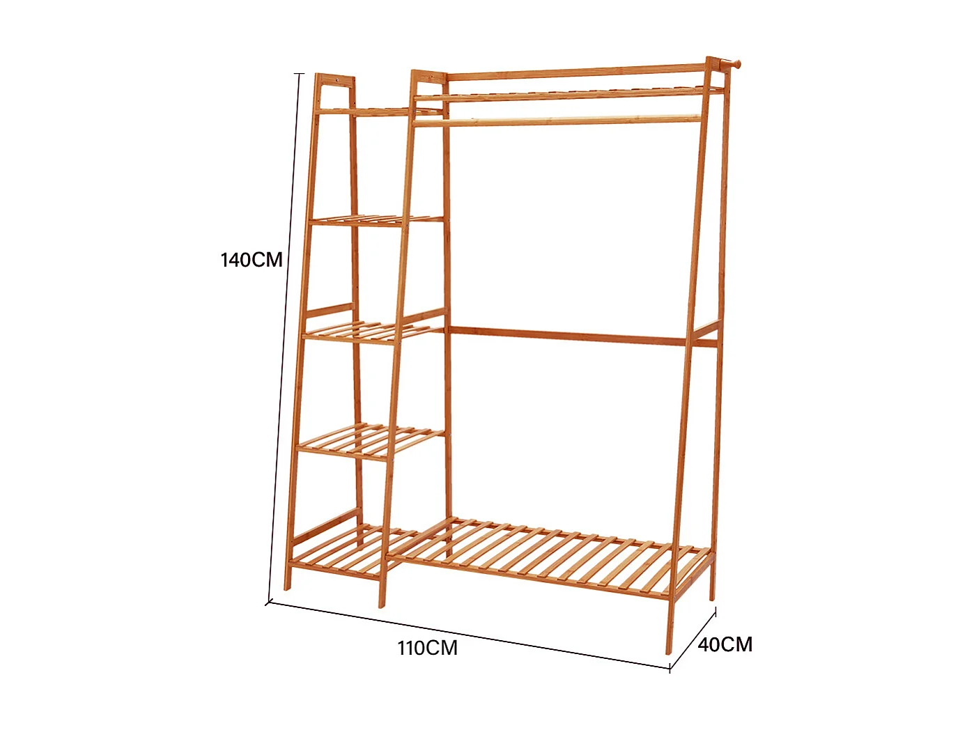 7-Tier Bamboo Cloth Rack with Hanging Rod, Side Hooks & Shelves - 110cm - Brown