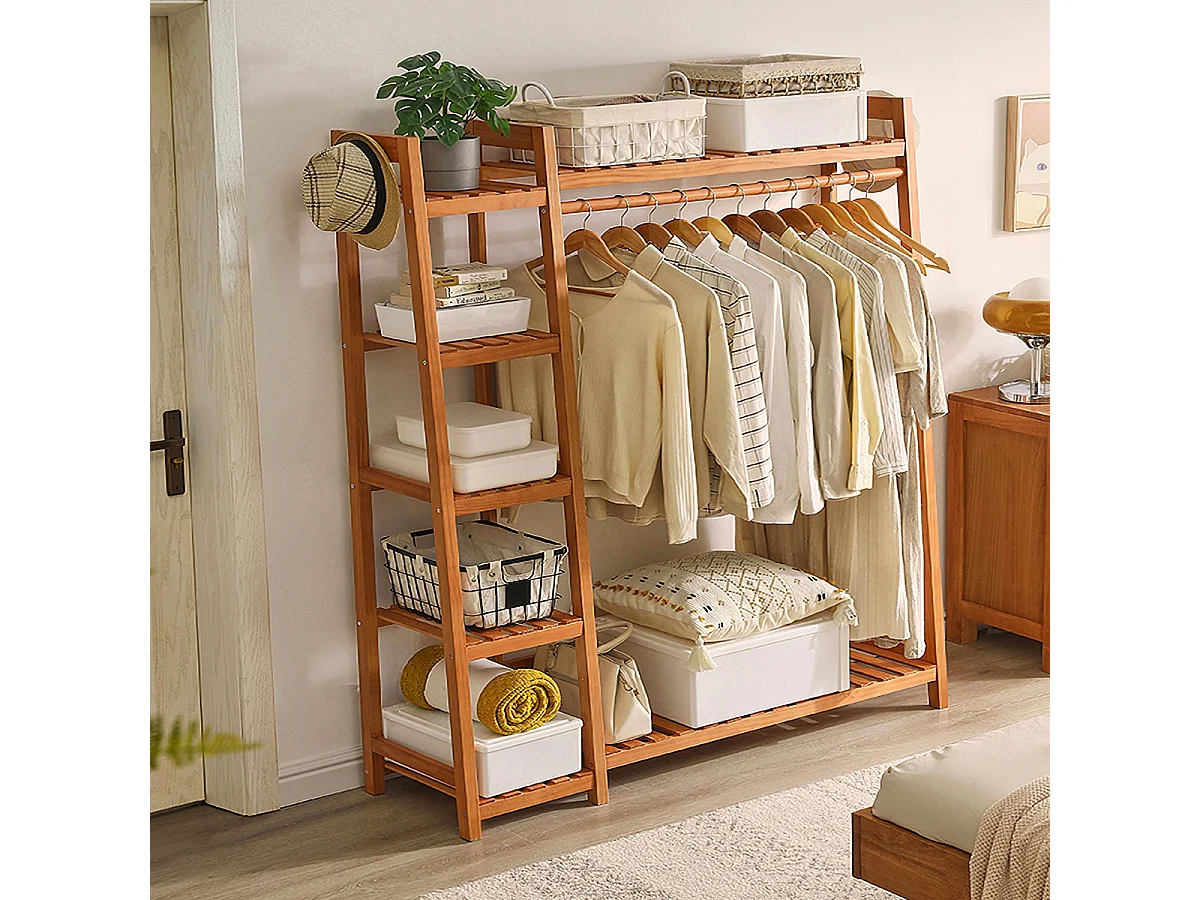 7-Tier Bamboo Cloth Rack with Hanging Rod, Side Hooks & Shelves - 130cm - Brown