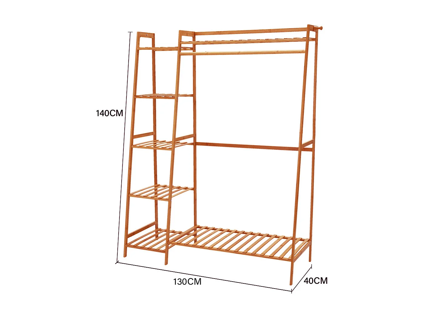 7-Tier Bamboo Cloth Rack with Hanging Rod, Side Hooks & Shelves - 130cm - Brown