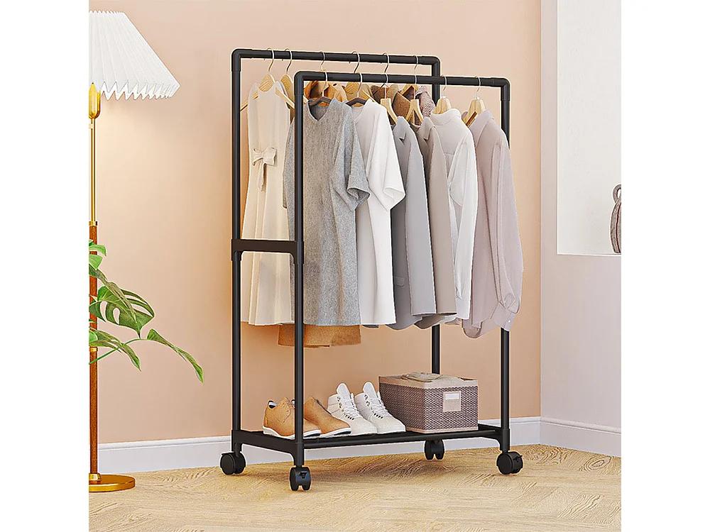 Double Rod Rolling Garment Rack with Shelf