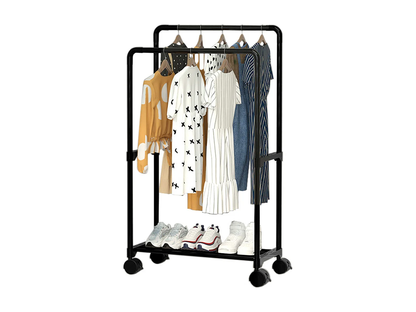 Double Rod Rolling Garment Rack with Shelf