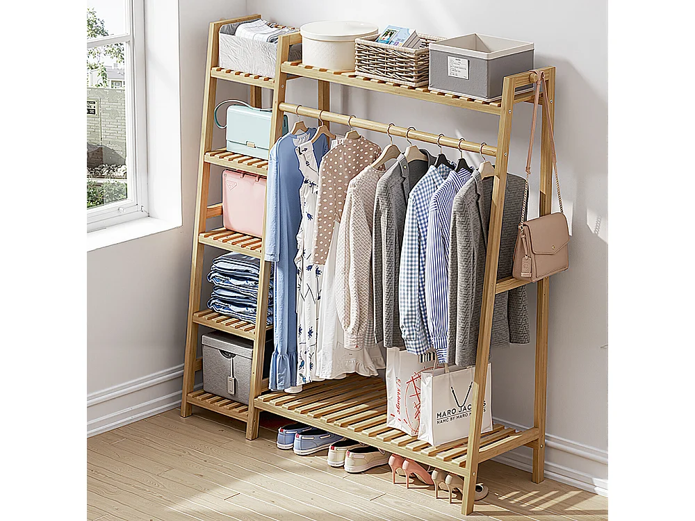 7-Tier Bamboo Cloth Rack with Hanging Rod, Side Hooks & Shelves - 110cm - Natural