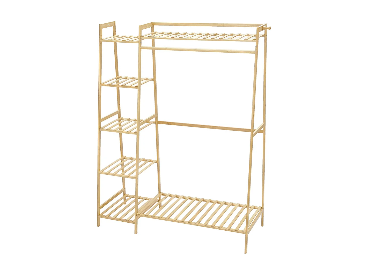 7-Tier Bamboo Cloth Rack with Hanging Rod, Side Hooks & Shelves - 110cm - Natural