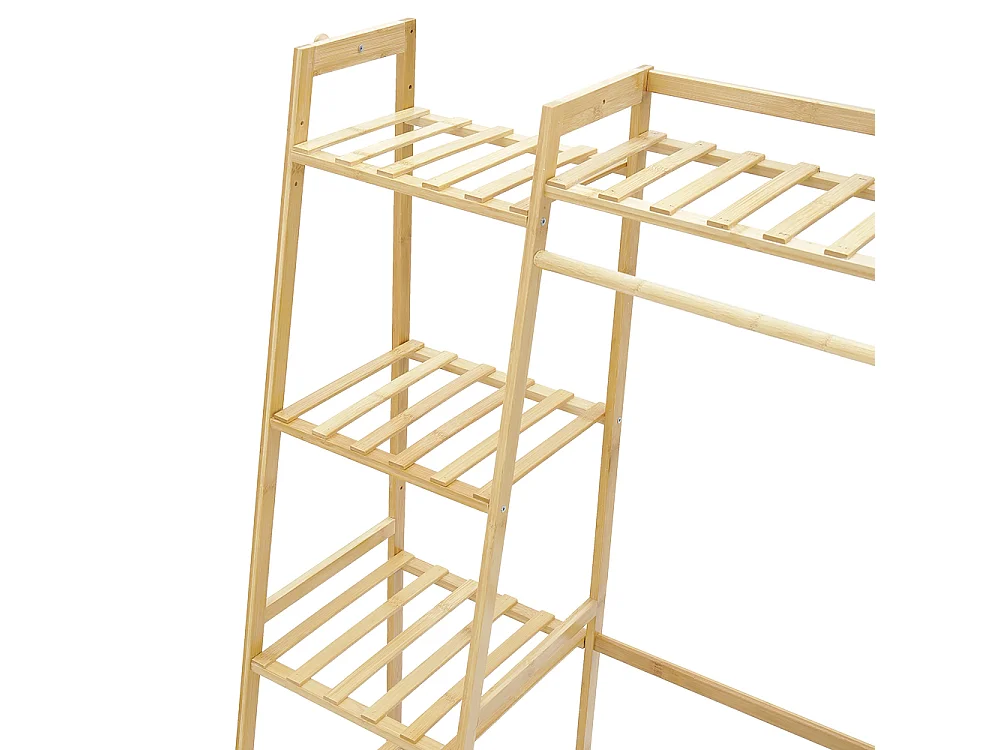 7-Tier Bamboo Cloth Rack with Hanging Rod, Side Hooks & Shelves - 110cm - Natural