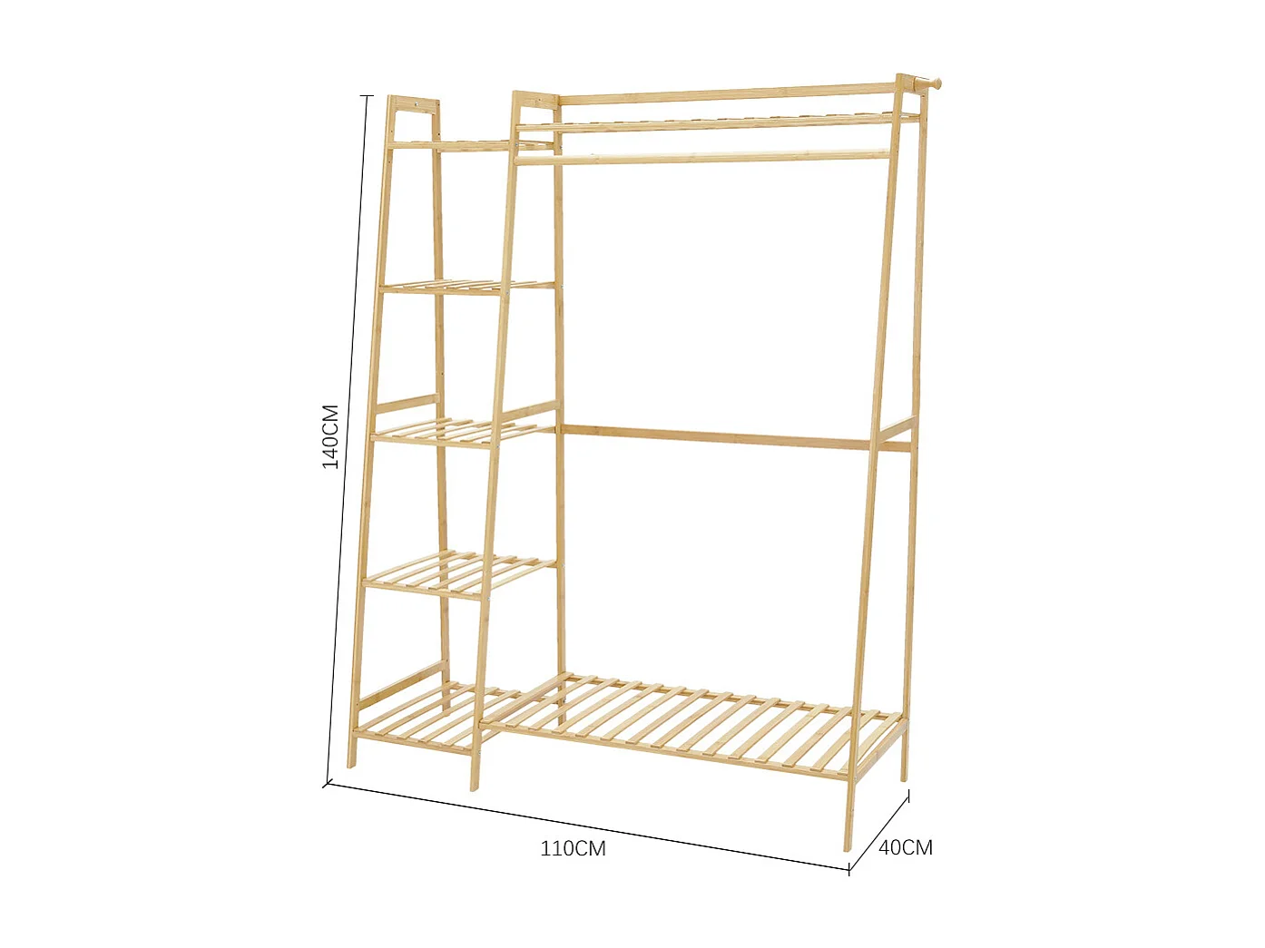7-Tier Bamboo Cloth Rack with Hanging Rod, Side Hooks & Shelves - 110cm - Natural