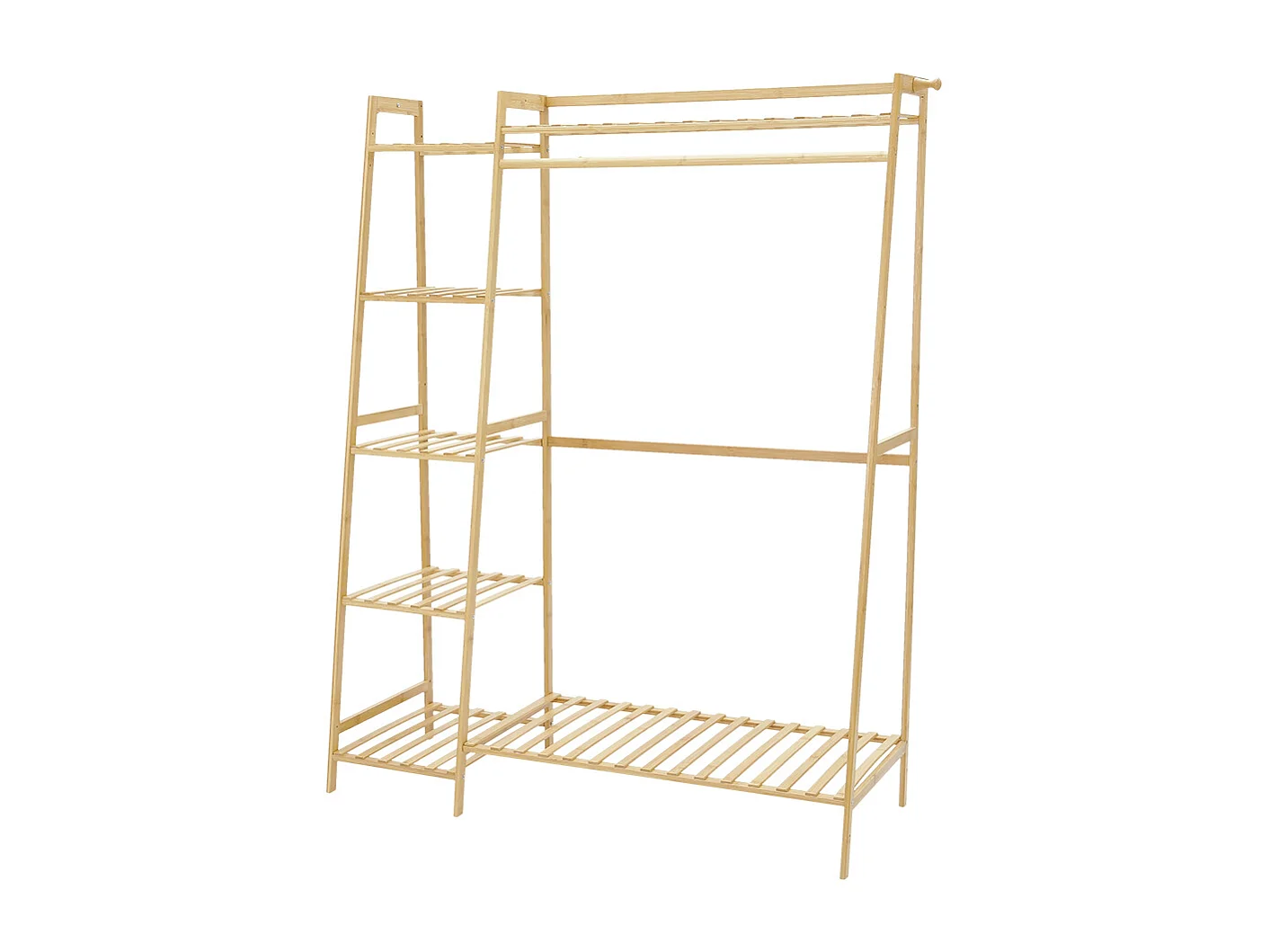 7-Tier Bamboo Cloth Rack with Hanging Rod, Side Hooks & Shelves - 130cm - Natural