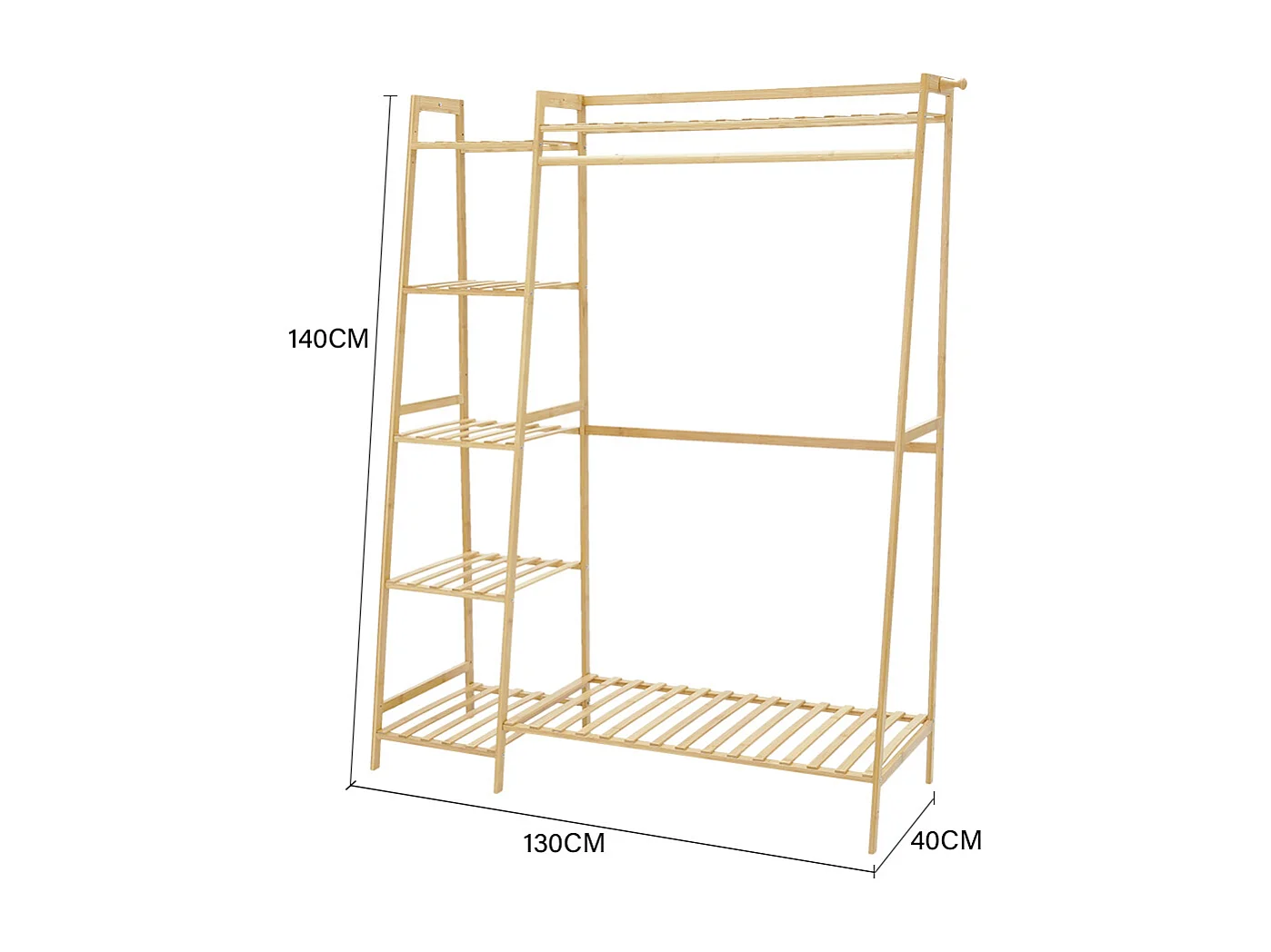 7-Tier Bamboo Cloth Rack with Hanging Rod, Side Hooks & Shelves - 130cm - Natural