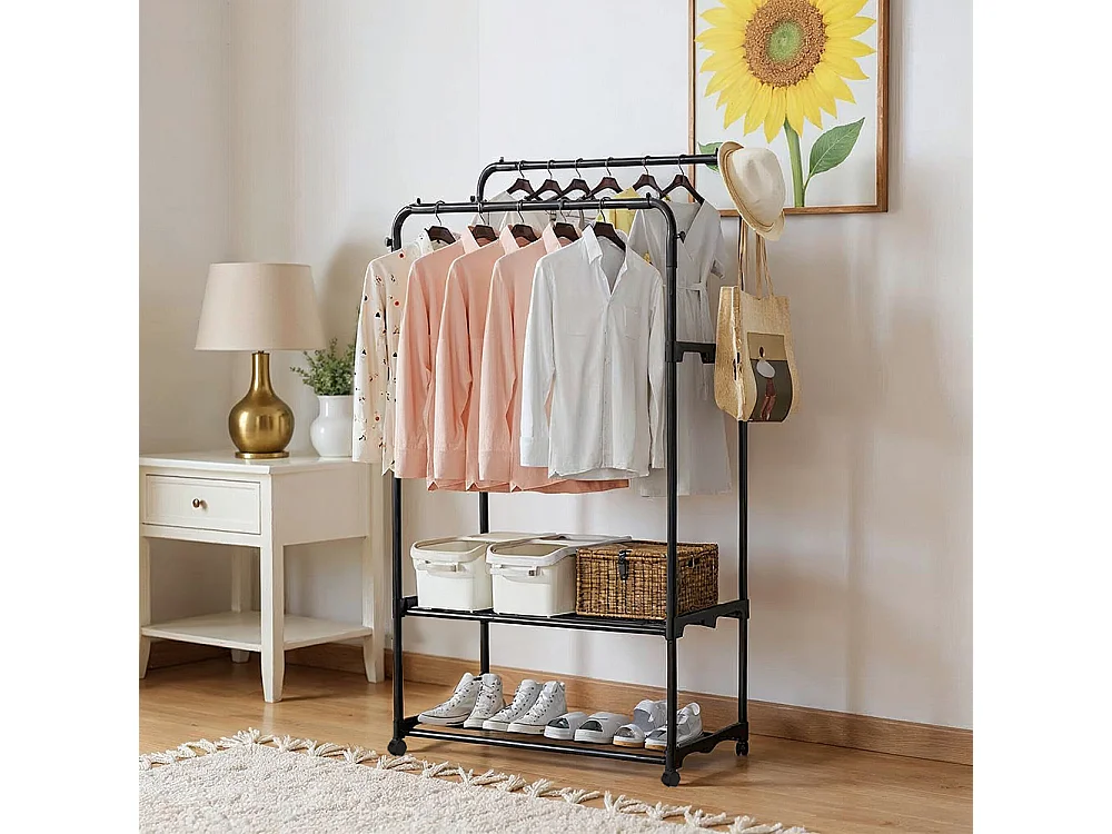 Freestanding Double Rod Metal Clothes Rack with Shelves - Black