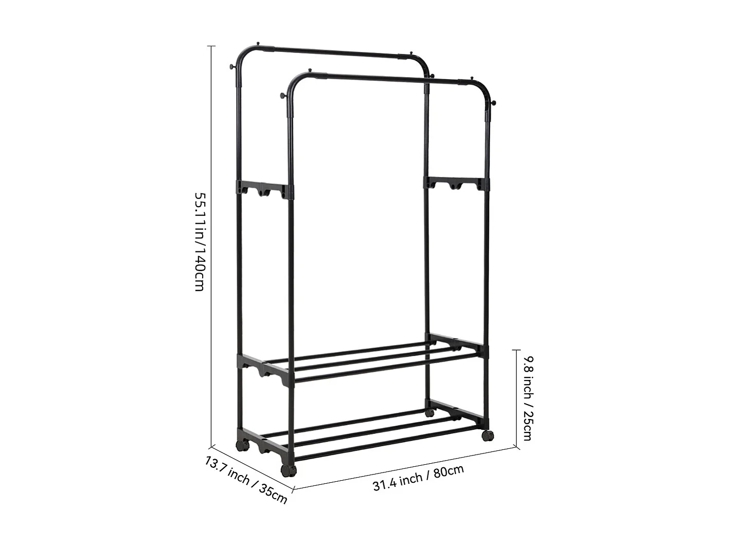 Freestanding Double Rod Metal Clothes Rack with Shelves - Black