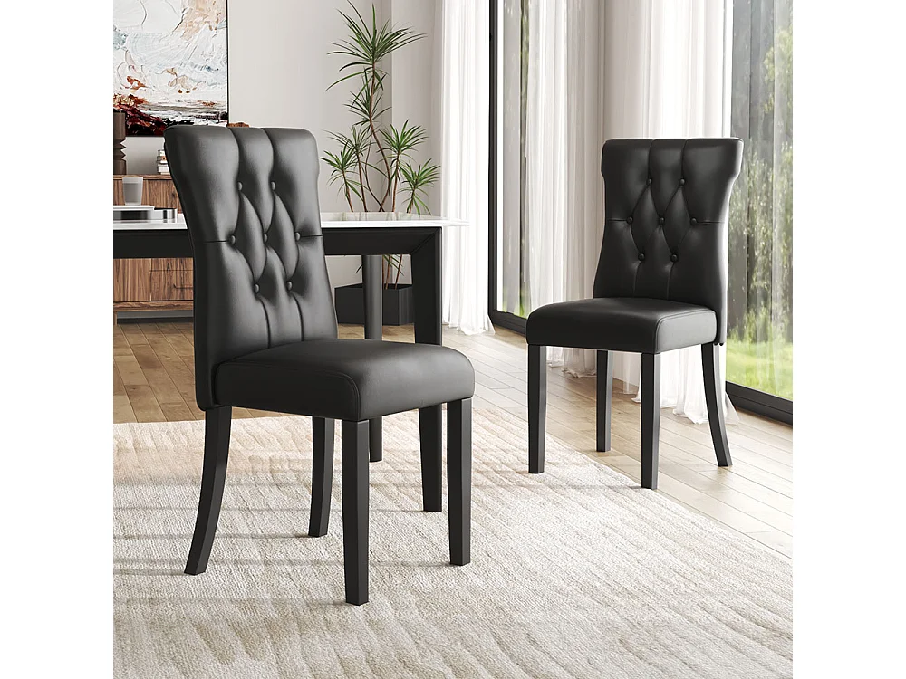 Set of 2 Black Faux Leather High Backrest Dining Chairs