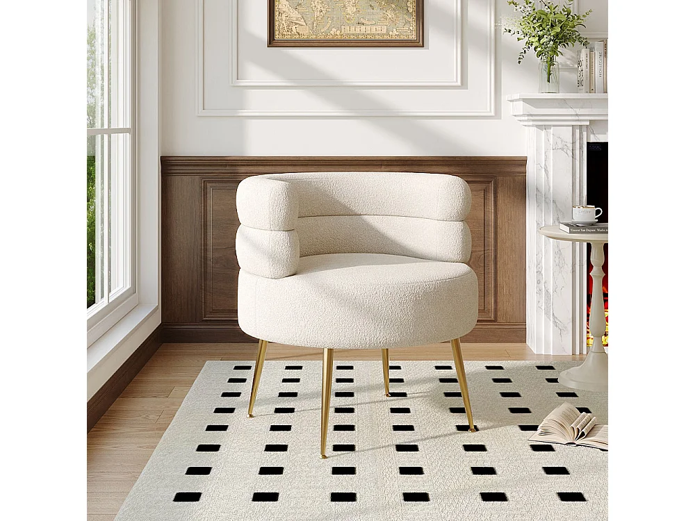 Cream Curved Upholstered Accent Chair in Teddy Fur