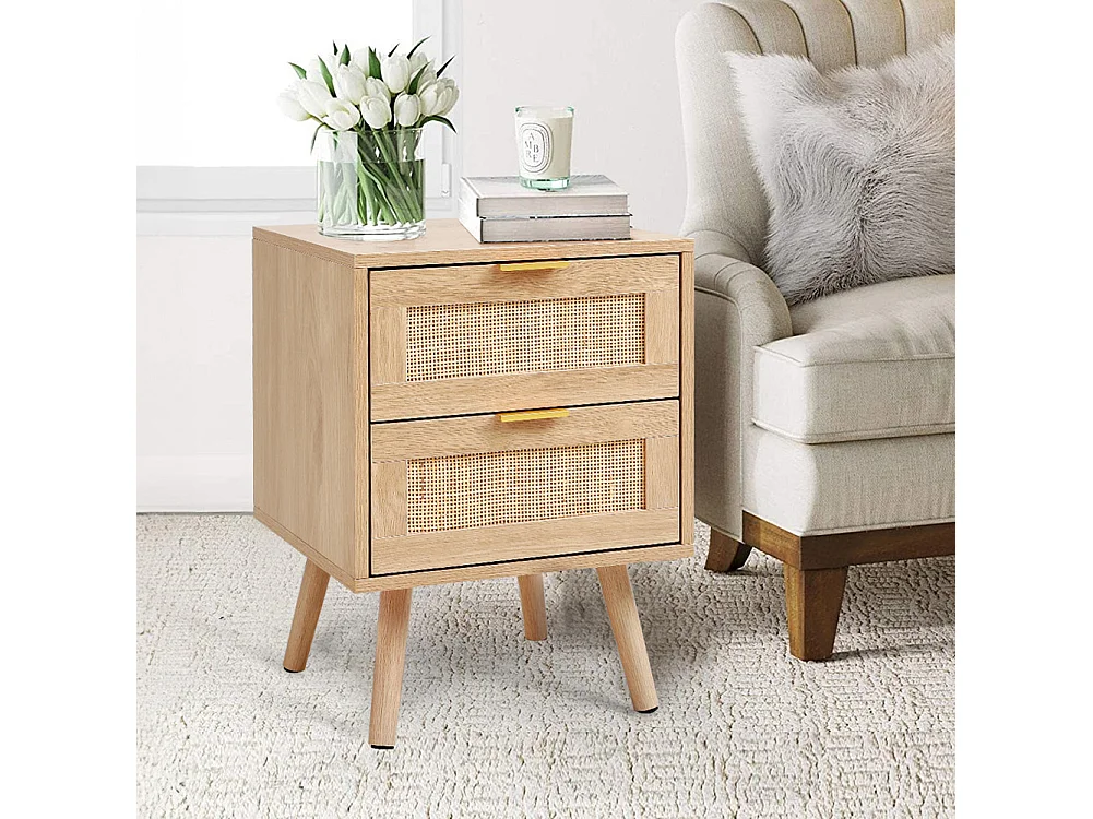 Set of 2 Natural Rattan Side Cabinets with 2 Drawers