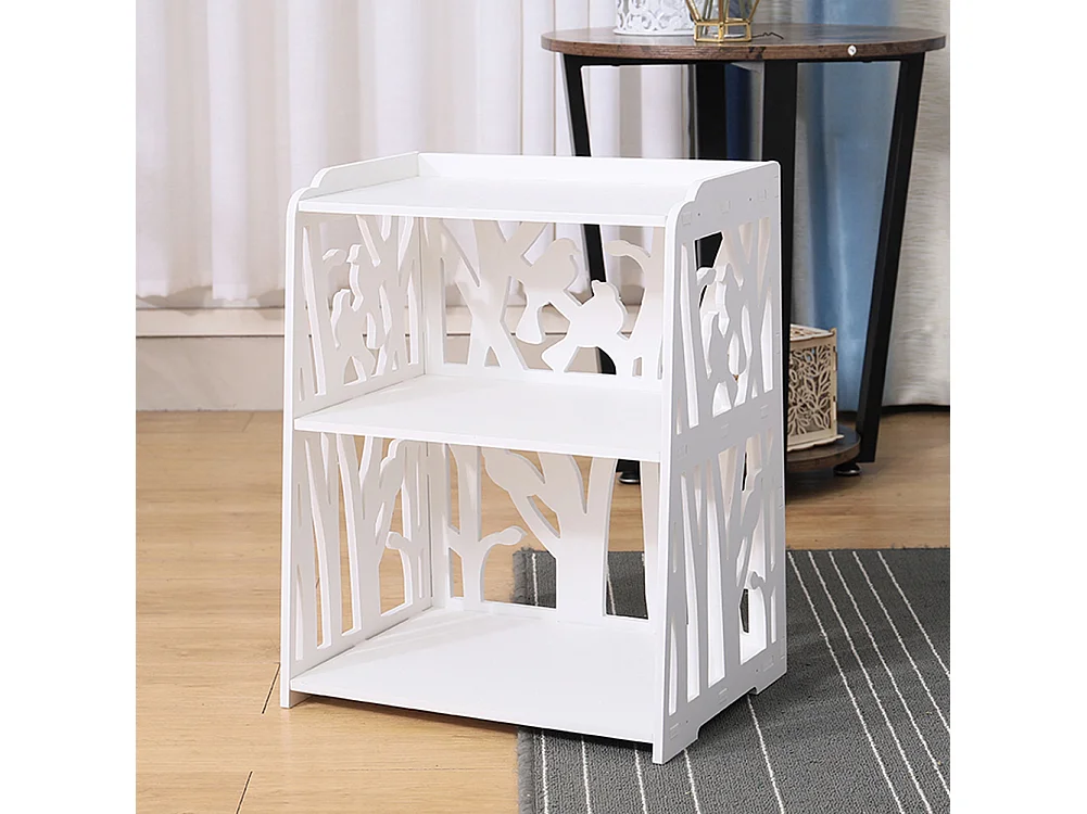 3-Tier White Small Wooden Bedside Table with Tree and Bird Pattern