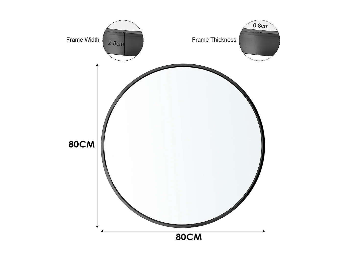 80cm Black Nordic Round Wall Mirror