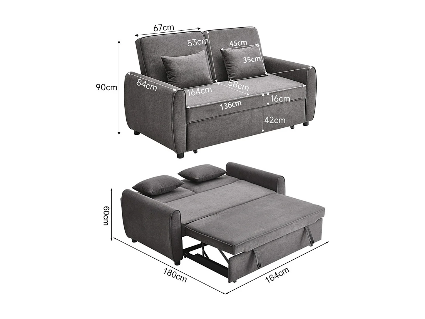 3-in-1 Grey Fabric 2-Seater Convertible Sofa Bed