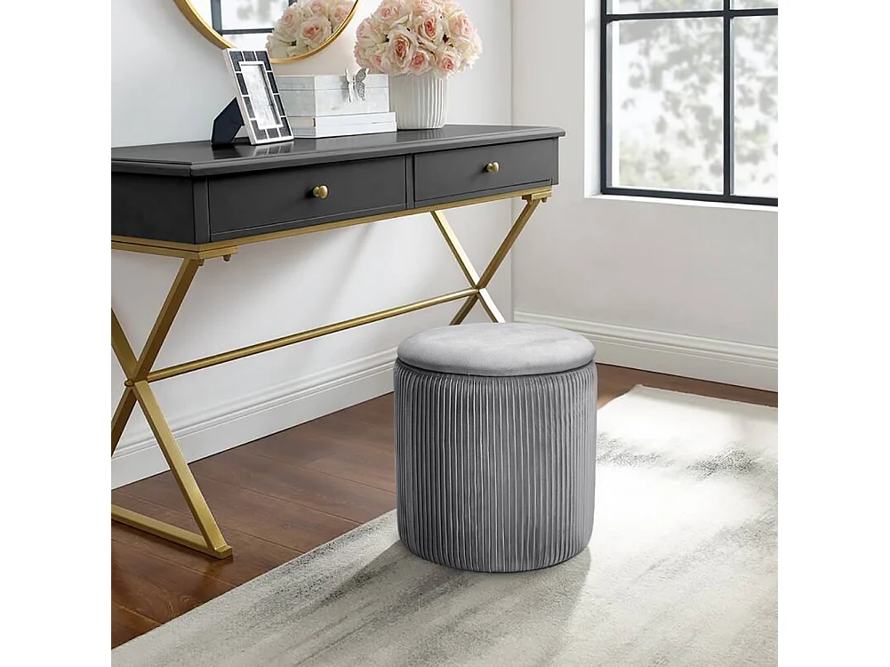 Grey Velvet Cylinder Lift-Top Storage Ottoman