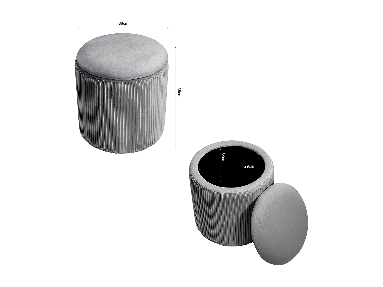 Grey Velvet Cylinder Lift-Top Storage Ottoman