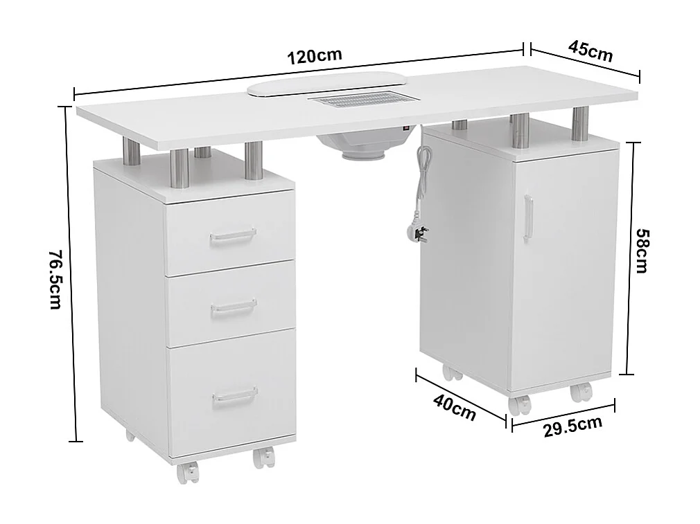 White Professional Mobile Manicure Table with Built-In Dust Collector