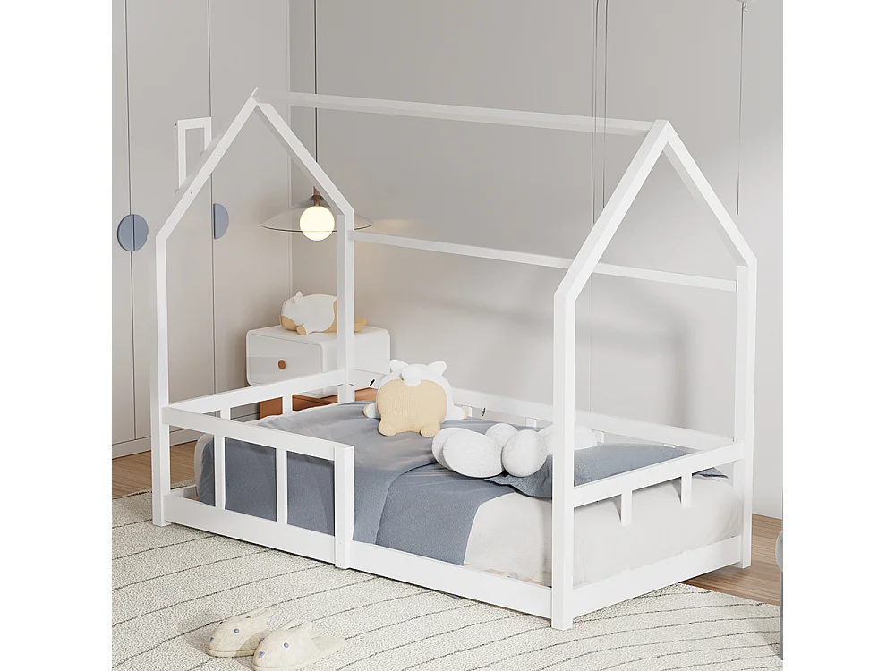 House-Shaped Pine Wood Kids' Bed Frame - White