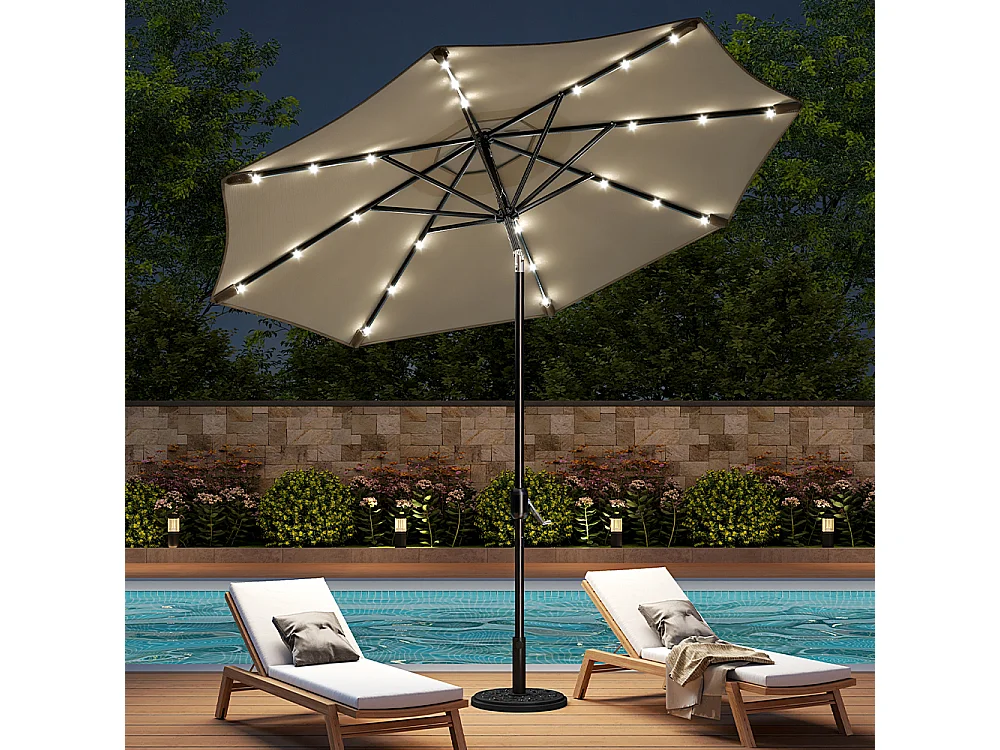 Large 3m Solar Parasol with 24 LED Lights, Crank & Cement Base - Beige