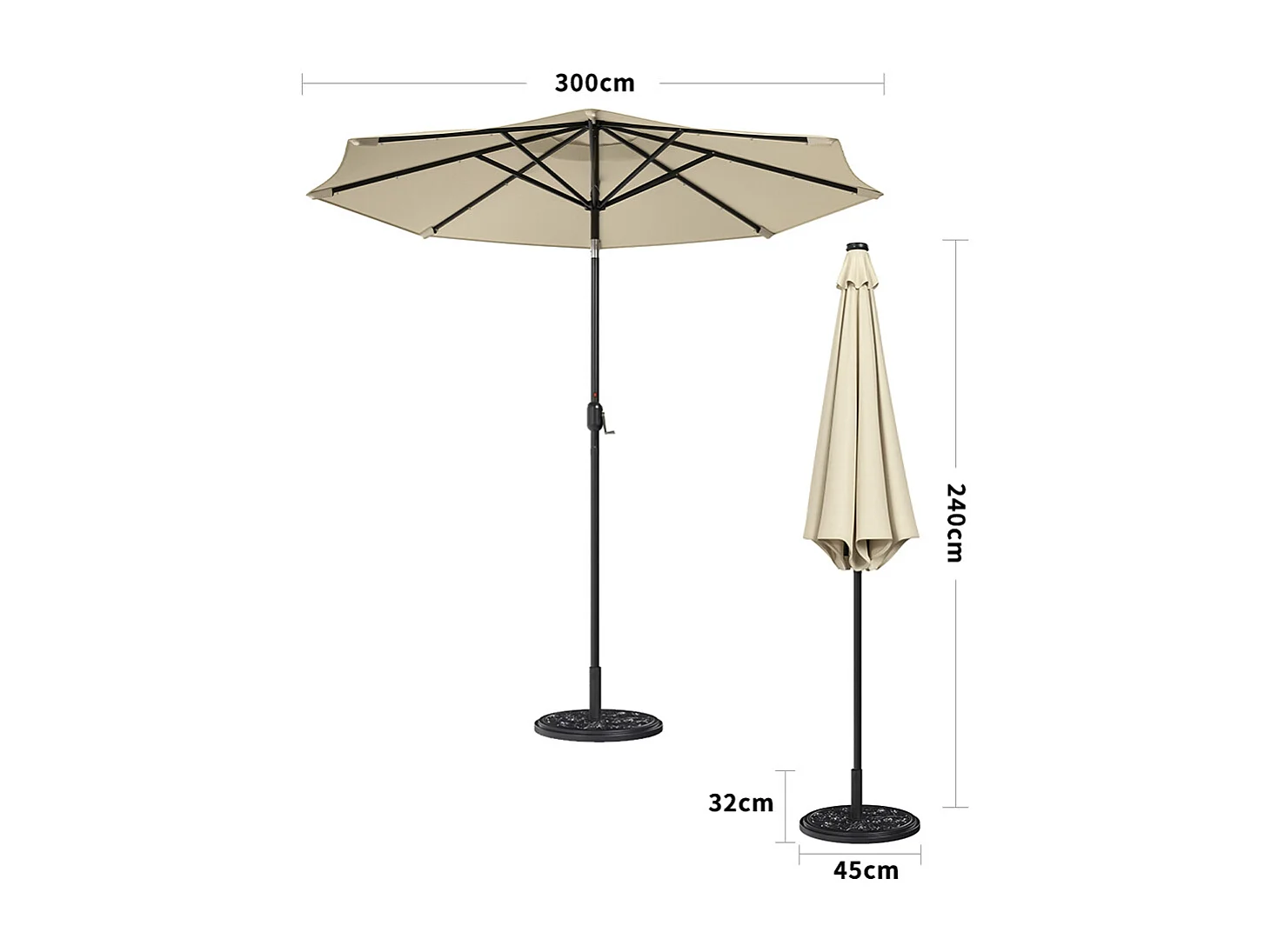 Large 3m Solar Parasol with 24 LED Lights, Crank & Cement Base - Beige
