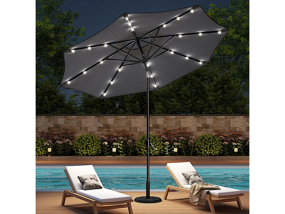 Large 3m Solar Parasol with 24 LED Lights, Crank & Cement Base - Dark Grey