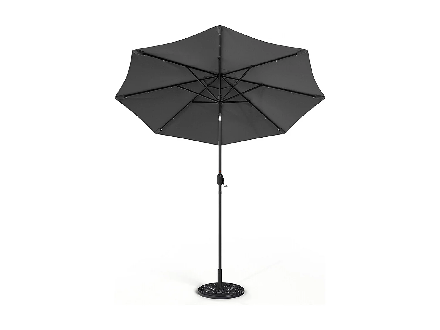 Large 3m Solar Parasol with 24 LED Lights, Crank & Cement Base - Dark Grey