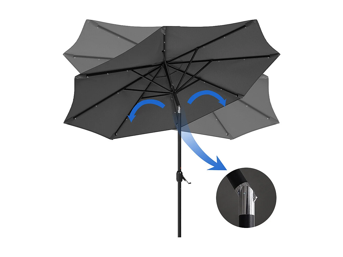 Large 3m Solar Parasol with 24 LED Lights, Crank & Cement Base - Dark Grey