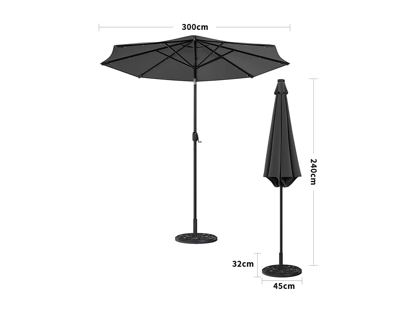 Large 3m Solar Parasol with 24 LED Lights, Crank & Cement Base - Dark Grey