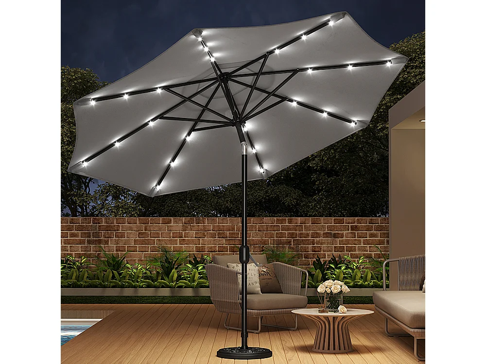 Large 3m Solar Parasol with 24 LED Lights, Crank & Cement Base - Light Grey