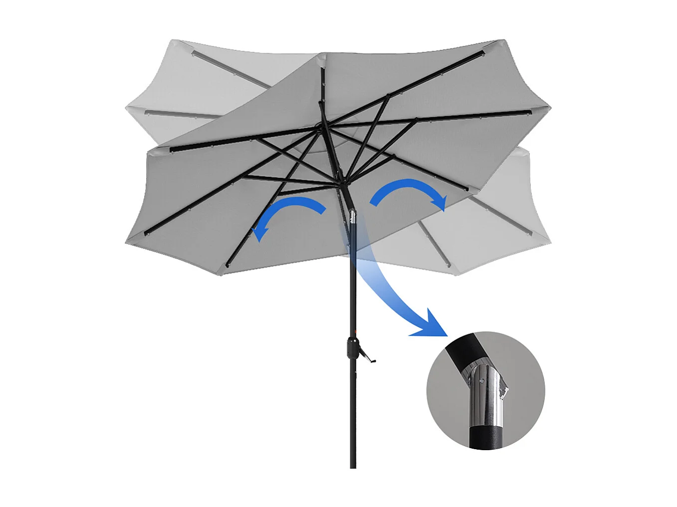 Large 3m Solar Parasol with 24 LED Lights, Crank & Cement Base - Light Grey