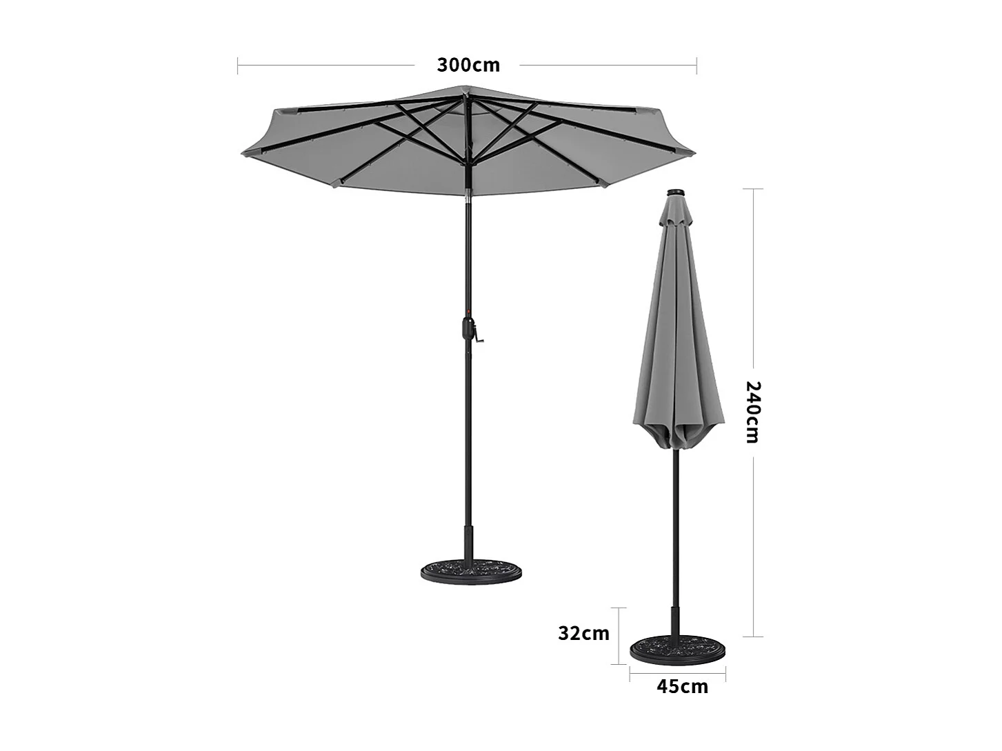 Large 3m Solar Parasol with 24 LED Lights, Crank & Cement Base - Light Grey
