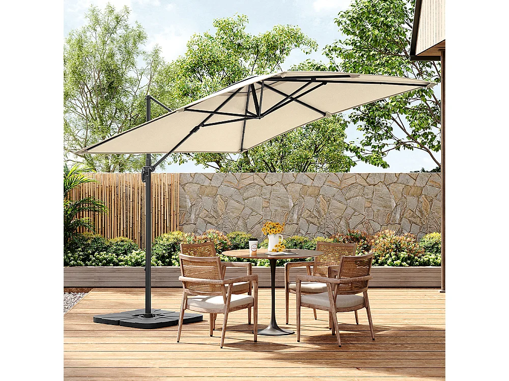 Large 3m Square Rotating Cantilever Parasol with Square Base - Beige